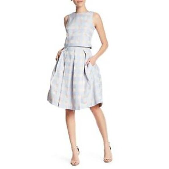 Eliza J Blue & Tan Checked Pleated Windowpane Midi Skirt Semiformal Sz 6 - Picture 1 of 11